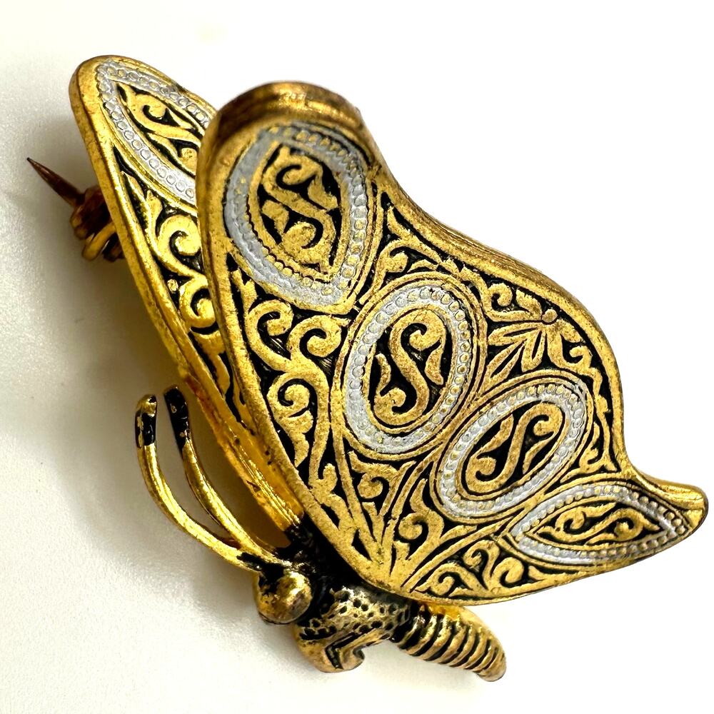 Spain Toledo Damascene gold tone black silver enamel 3D butterfly brooch pin